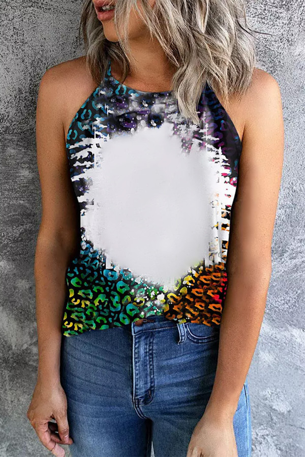 Black Leopard Bleached Print Round Neck Tank Top