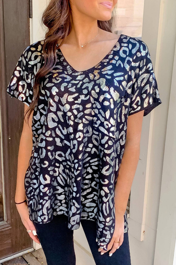 Black V Neck Gold Leopard Short Sleeves Top