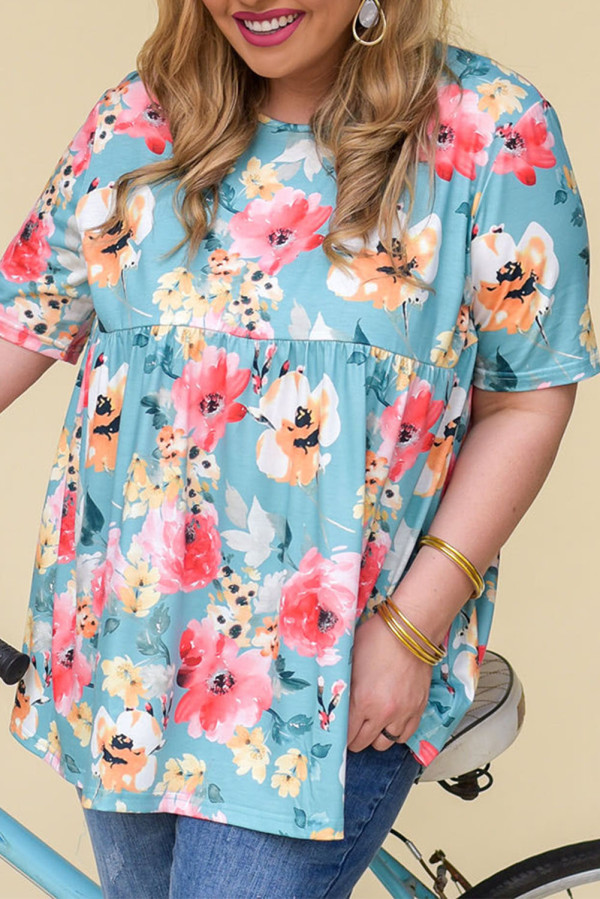 Sky Blue Plus Size Floral Print Short Sleeve Flowy Top