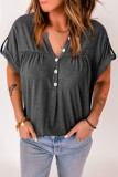 Gray V-Neck Rolled Short Sleeve Henley Top