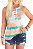White Coconut Tree Striped Keyhole Neck Tank Top