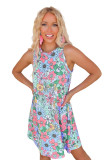 Green Round Neck Sleeveless Floral Mini Dress
