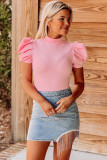 Pink Mock Neck Puff Sleeve Keyhole Back Rib Knit Bodysuit