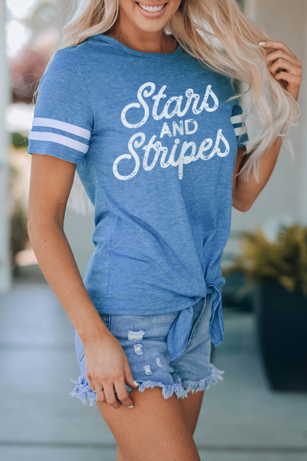 Blue Stars & Striped Print Knotted Graphic Tee