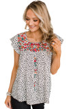 Leopard Floral Embroidery Square Neck Flutter Sleeve Blouse