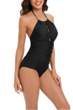 Printed Criss-Cross Hollow Out Halter One Piece Swimsuit