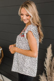 Leopard Floral Embroidery Square Neck Flutter Sleeve Blouse