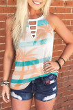 White Coconut Tree Striped Keyhole Neck Tank Top