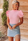 Pink Mock Neck Puff Sleeve Keyhole Back Rib Knit Bodysuit
