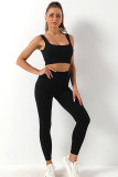 Black Solid Ribbed High Waist Tummy Control Leggings