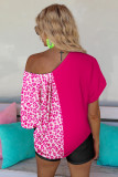 Rose Half Leopard Patchwork Short Sleeve V Neck Blouse