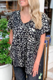 Black V Neck Gold Leopard Short Sleeves Top