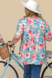 Sky Blue Plus Size Floral Print Short Sleeve Flowy Top