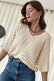Khaki Half Sleeve V Neck Pointelle Knitted Top