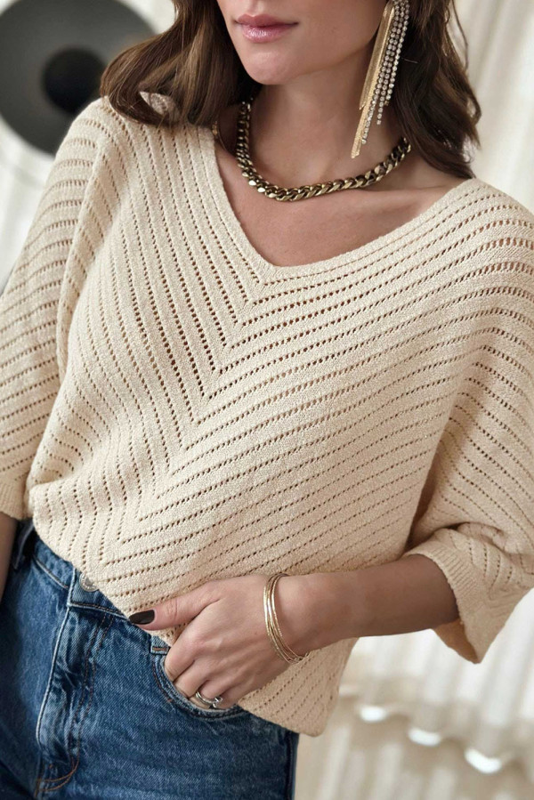 Khaki Half Sleeve V Neck Pointelle Knitted Top