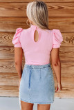 Pink Mock Neck Puff Sleeve Keyhole Back Rib Knit Bodysuit