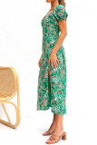 Green V Neck Smocked Floral Split Dress