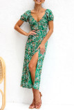 Green V Neck Smocked Floral Split Dress