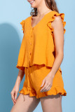 Plain V Neck Buttoned Frilled Tank Top With Shorts 2pcs Set