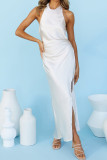 Backless Halter Neck Satin Split Dress