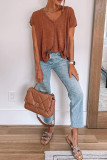 Plain Vintage V Neck Stitching Top