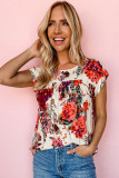 Red Floral Short Sleeve Round Neck Blouse