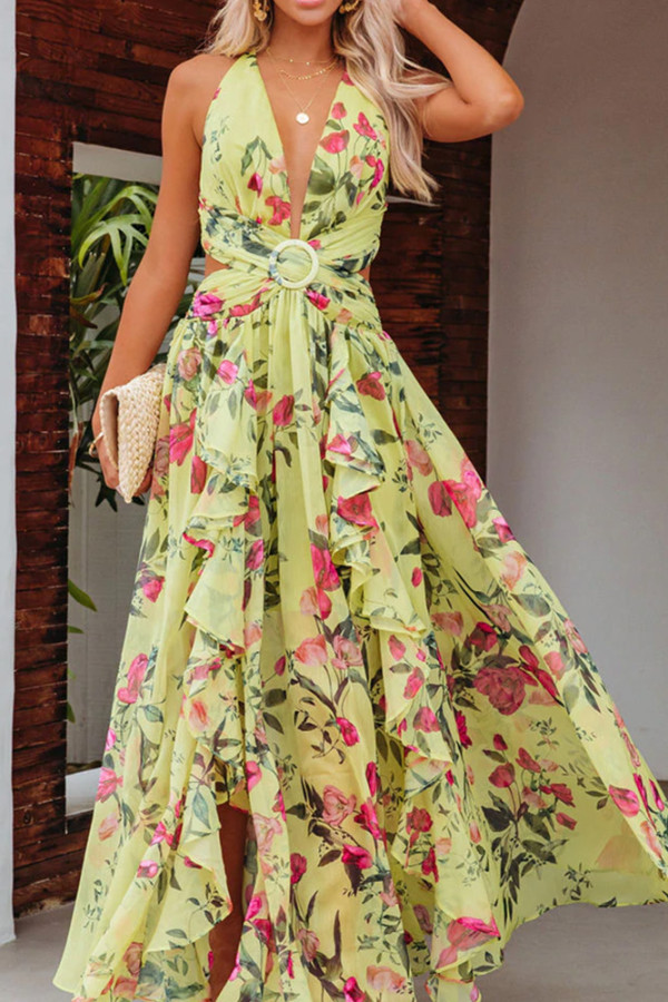 Yellow Floral Print Halter Wrapped Maxi Dress
