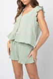 Plain V Neck Buttoned Frilled Tank Top With Shorts 2pcs Set