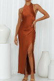 Backless Halter Neck Satin Split Dress