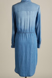 Washed Blue Open Button Drawstring Denim Dress