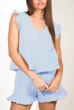 Plain V Neck Buttoned Frilled Tank Top With Shorts 2pcs Set