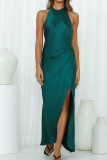 Backless Halter Neck Satin Split Dress