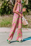 Pink Floral Print Halter Neck One Piece Jumpsuit