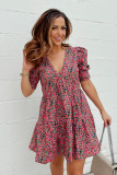 Red Vintage Puff Sleeve Side Pockets Floral Dress
