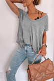 Plain Vintage V Neck Stitching Top