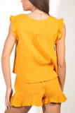 Plain V Neck Buttoned Frilled Tank Top With Shorts 2pcs Set