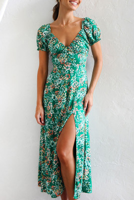 Green V Neck Smocked Floral Split Dress
