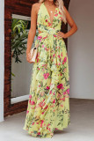Yellow Floral Print Halter Wrapped Maxi Dress