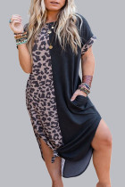 Multicolor Leopard Contrast Short Sleeve Plus Size T-shirt Dress