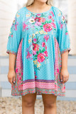 Sky Blue Mix Boho Floral Print Plus Size Mini Babydoll Dress
