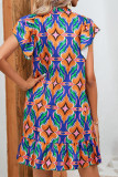 Frilled Split Collar Printed Ruffles Dress