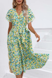 Wrap V Neck Tulip Sleeves Maxi Floral Dress