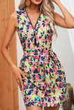 Zipper Down V Neck Sleeveless Floral Dress