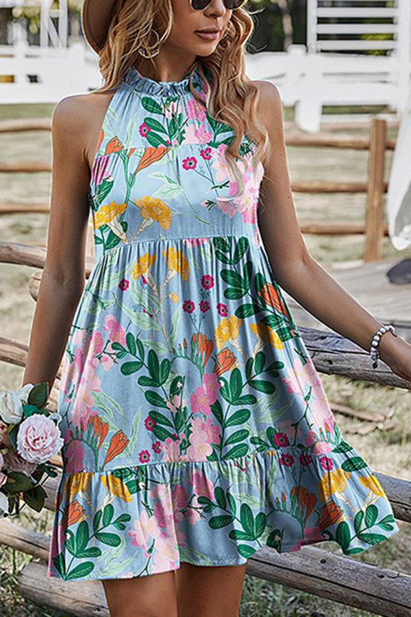 Sky Blue Floral Print Ruffled Lace-up Mock Neck Mini Dress