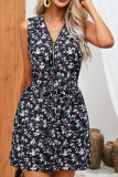 Zipper Down V Neck Sleeveless Floral Dress