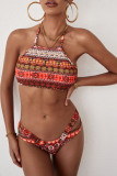 Red Tribal Print Halter Neck Cut-out Boho Swimwear