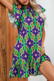 Frilled Split Collar Printed Ruffles Dress