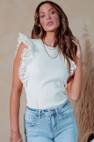 White Lace Flutter Sleeve Ruffled Ribbed Blouse