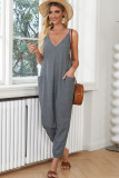 Gray Textured Sleeveless V-Neck Pocketed Casual Jumpsuit