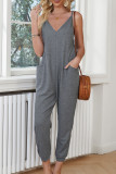 Gray Textured Sleeveless V-Neck Pocketed Casual Jumpsuit